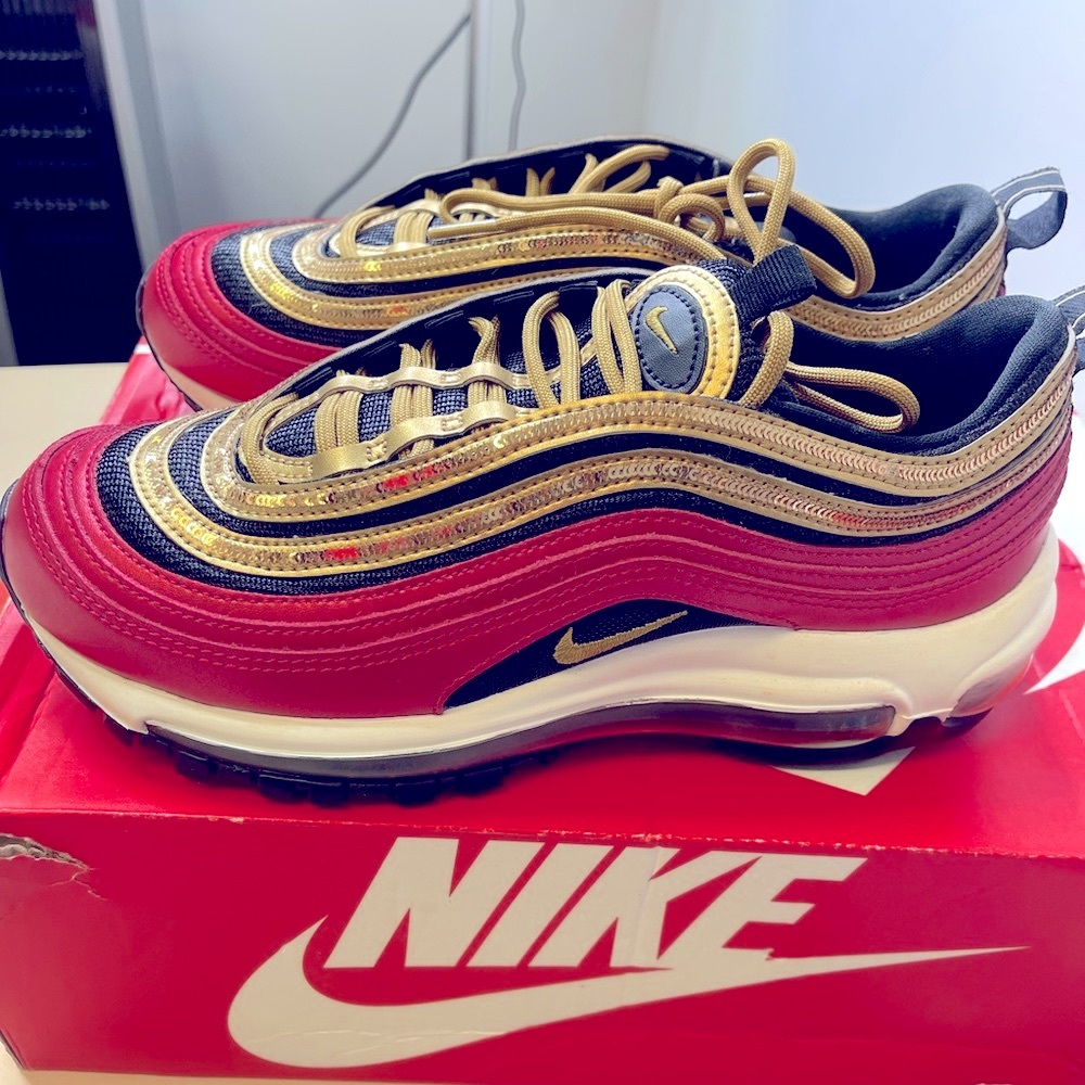 Nike Women's Air Max 97 University Red Gold Sequin Running Shoes CT1148-600